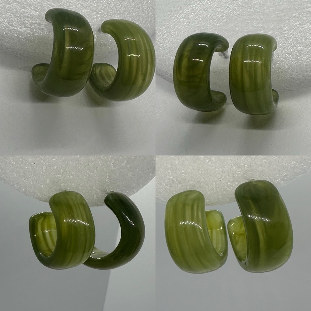 🌿 ✨💚 UNIQUE CHUNKY RESIN Marbled Green Hoops - Artisanal Statement Jewelry